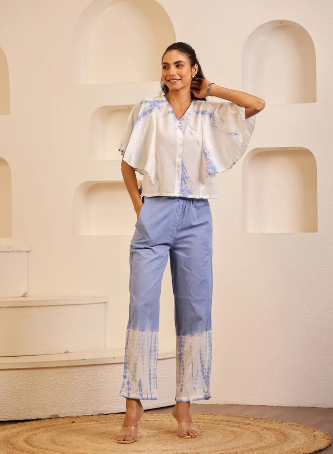 sanskrutihomes sanskrutihomes Women Blue Tie and Dye Print V Neck Cotton Top and Pyjama Set