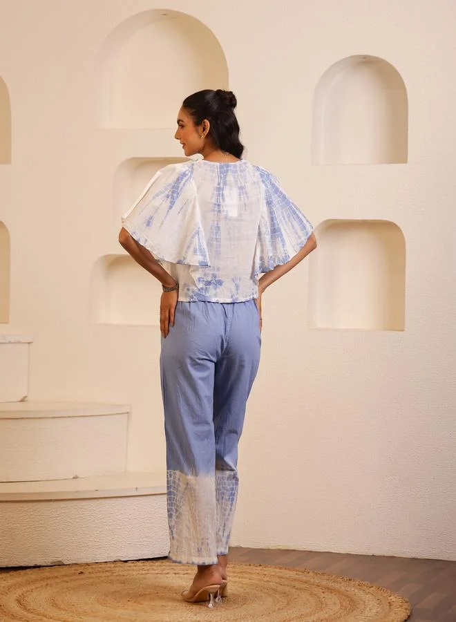 sanskrutihomes sanskrutihomes Women Blue Tie and Dye Print V Neck Cotton Top and Pyjama Set