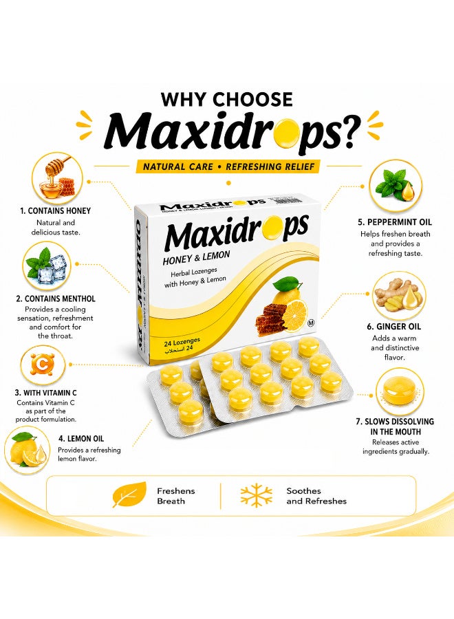 Maxidrops Honey & Lemon Lozenges 24 Lozenges | Vitamin C, Menthol, Lemon Oil, Peppermint & Ginger Oil | Refreshing Throat Sensation - Image 3
