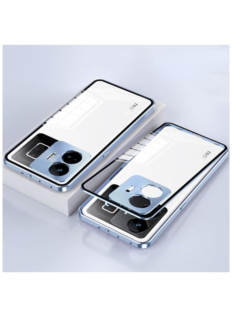 Case Compatible with Realme GT3 5G, Magnetic Metal Hard Frame + Clear Tempered Glass Back Non Slip Shockproof Case with Camera Protector