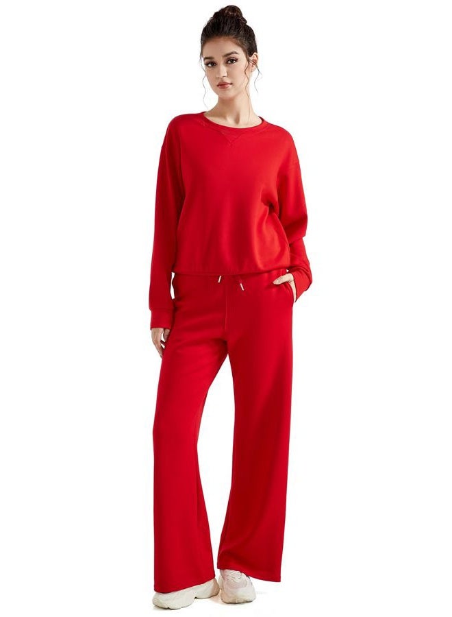 SUUKSESS Women Modal 2 piece outfits Oversized Sweatshirt Fall Lounge Set Wide Leg Pants Matching Sets (Red,XL) - Image 4