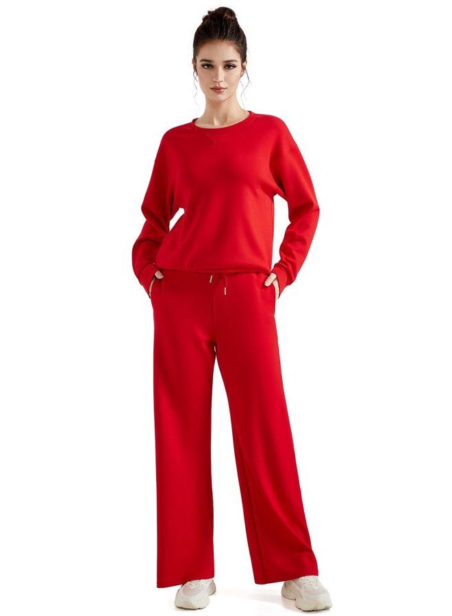 SUUKSESS Women Modal 2 piece outfits Oversized Sweatshirt Fall Lounge Set Wide Leg Pants Matching Sets (Red,XL) - Image 1