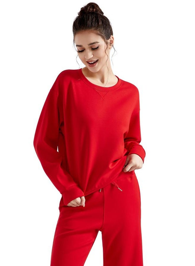 SUUKSESS Women Modal 2 piece outfits Oversized Sweatshirt Fall Lounge Set Wide Leg Pants Matching Sets (Red,XL) - Image 2