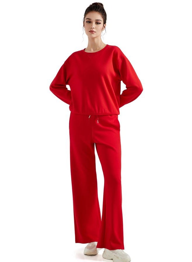 SUUKSESS Women Modal 2 piece outfits Oversized Sweatshirt Fall Lounge Set Wide Leg Pants Matching Sets (Red,XL) - Image 5