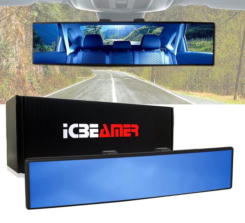 118 ICBEAMER Clip On Rear View Mirror Convex Blue Tint Glass Panoramic Wide Angle HD Glass Anti Glare Universal Fit for Car SUV Truck Eliminates Blind Spots 1 Pack