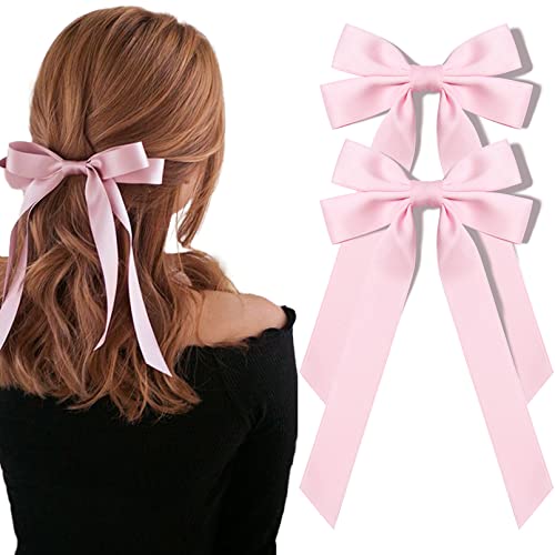 Aileam Silky Satin Hair Bows and Ribbons: 2PCS Pink Alligator Clips for Ponytail Holders, Hair Accessories for Women, Girls, Toddlers, and Teens - Image 1