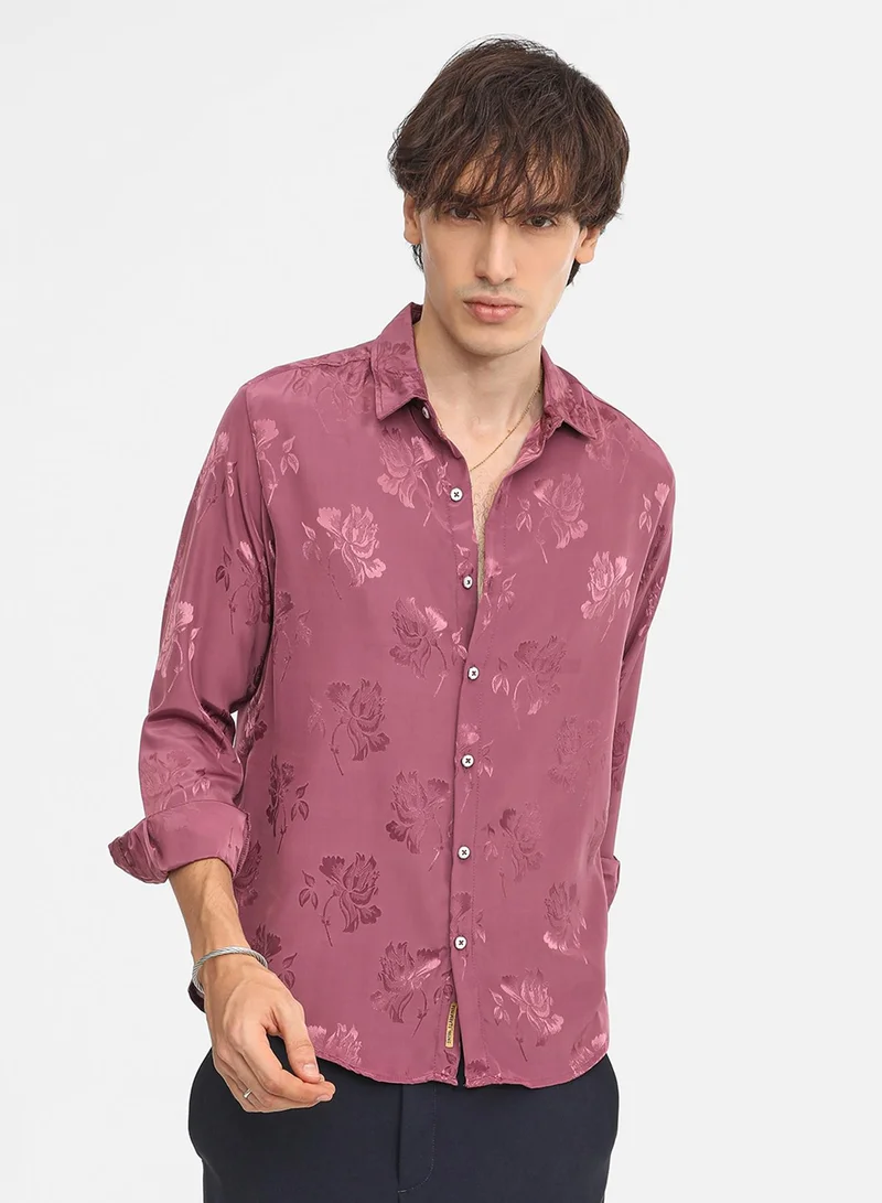 كامبوس سوترا Men's Rouge Pink Self-Design Floral Shirt For Casual Wear | Spread Collar | Long Sleeve | Button Closure | Shirt Crafted With Comfort Fit For Everyday Wear