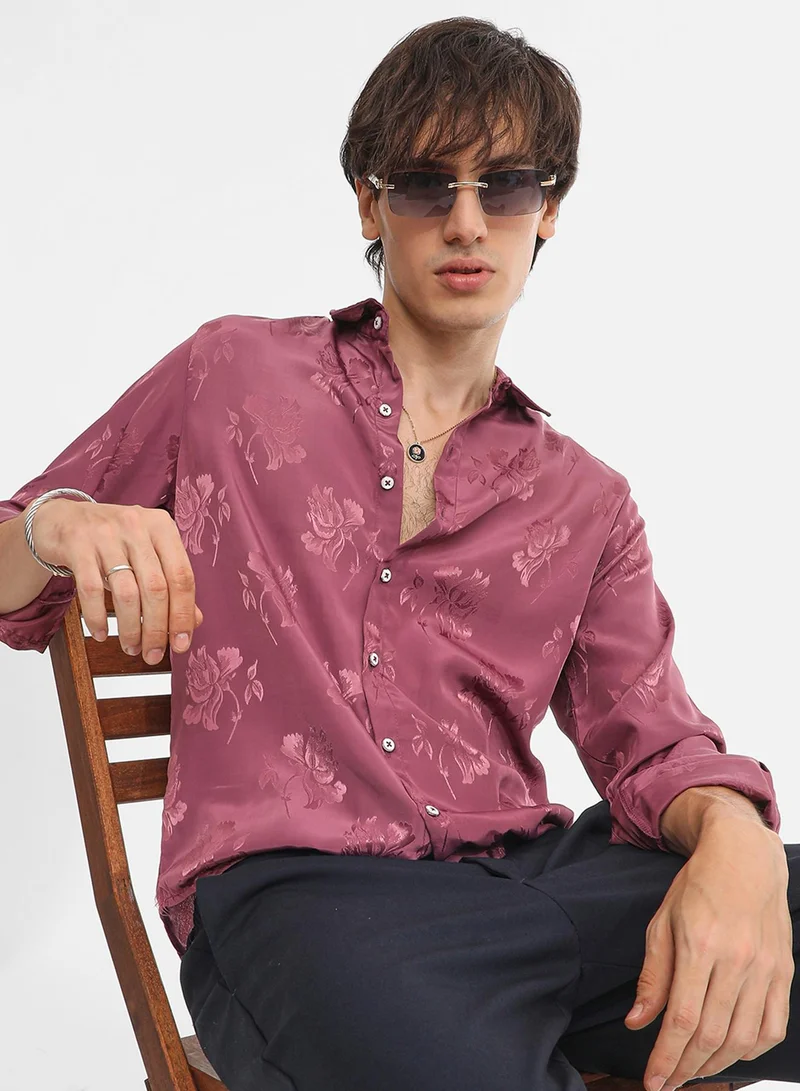 كامبوس سوترا Men's Rouge Pink Self-Design Floral Shirt For Casual Wear | Spread Collar | Long Sleeve | Button Closure | Shirt Crafted With Comfort Fit For Everyday Wear