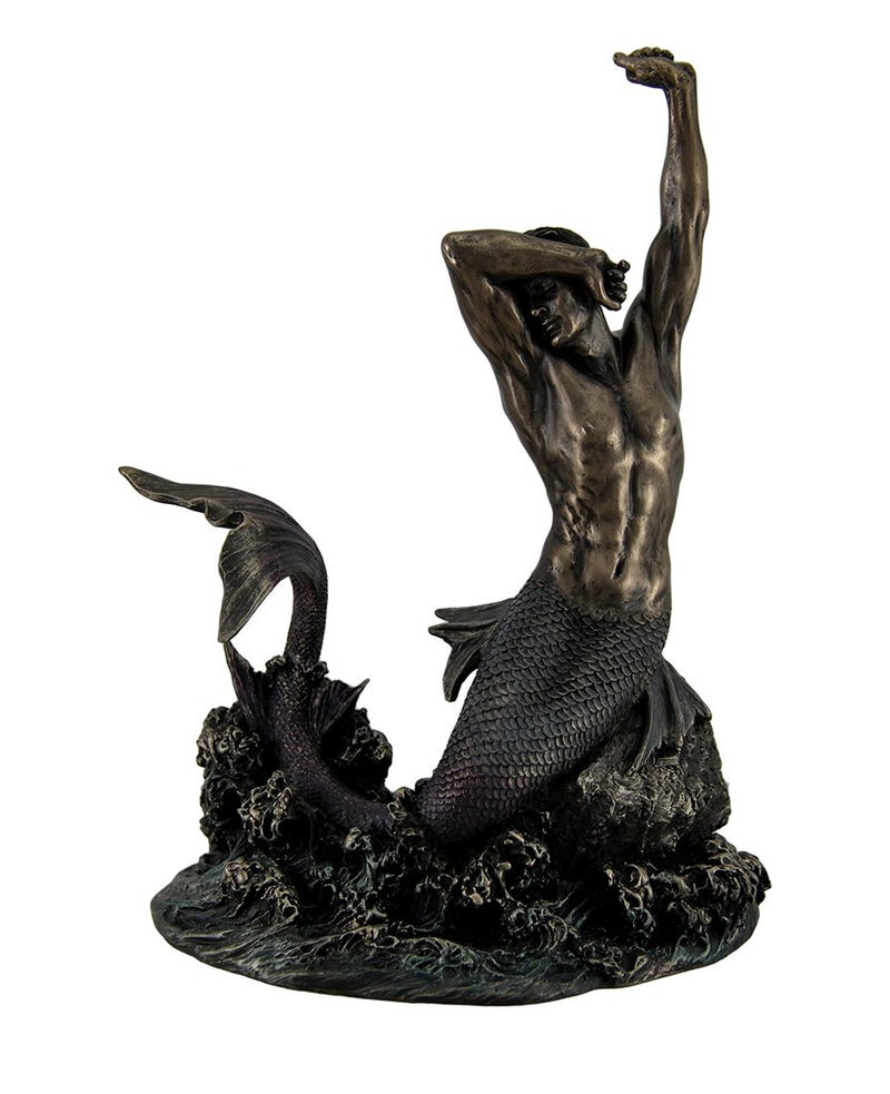 Veronese Design 7 78 Tall Merman Stretching on Rock Cold Cast Resin Antique Bronze Finish Sculpture Nautical Mermaid Statue - Image 2