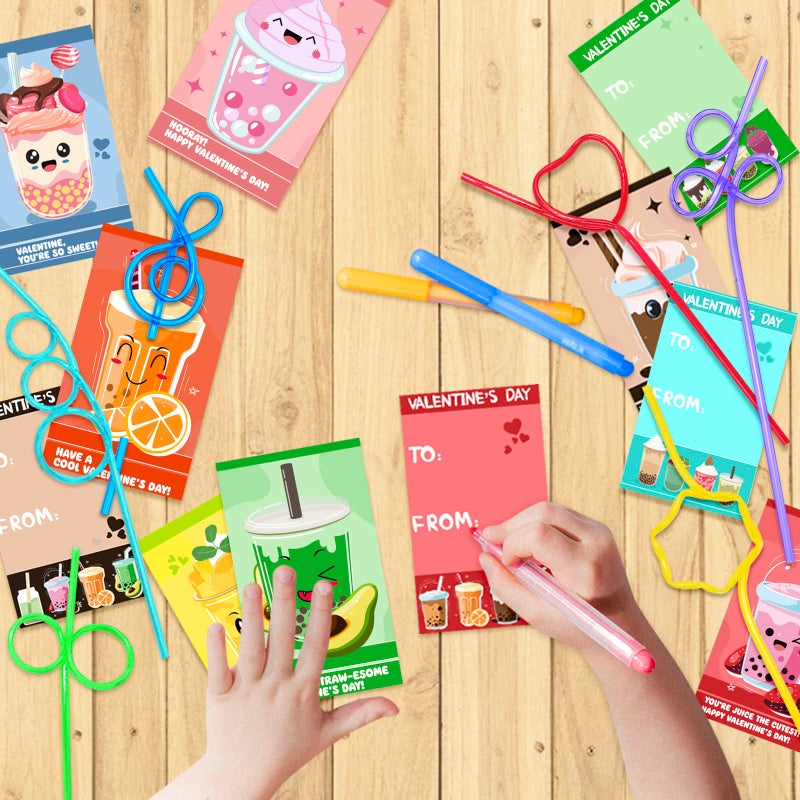 Shemira Valentines Day Cards for Kids with 32 Pack of Crazy Loop Reusable Drinking Straws, Bulk Valentine Exchange Cards for Girls Boys School Class Exchange Gifts Prizes, Valentine's Party Favors, 8 Styles - Image 4