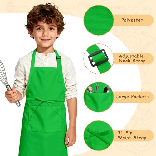 IAGBIBUI 12 Pack Kids Aprons Bulk with 2 Pockets Adjustable Chef Art Apron Kids Painting Aprons for Cooking Baking Crafting Grilling for Boys Girls Age 6-13 Years(12 Colors) - Image 3
