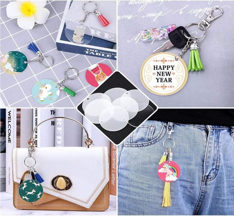 DIY Crafts DIY Crafts 8 Pcs, Antique Silver, Acrylic Keychain Blank Tassel Set Including Acrylic Circle Disc Ornament Blanks Key Rings with Chain Jump Rings Keychain Tassels (8 Pcs, Antique Silver)  - Image 2
