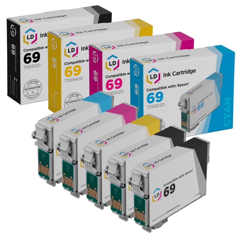 LD Products Remanufactured Ink Cartridge Replacements for Epson 69 T069 (2 T069120 Black, 1 T069220 Cyan, 1 T069320 Magenta, 1 T069420 Yellow, 5-Pack) - Image 1