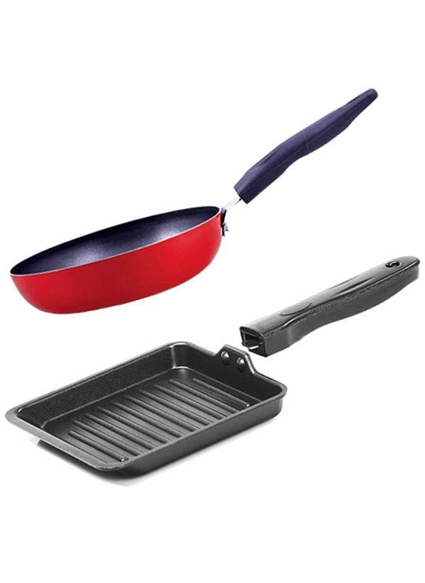 Techmahoday Techmahoday Red Aluminium NonStick Tadka Pan 11 cm and Grill Pan 14 cm Pack of 2  - Image 4