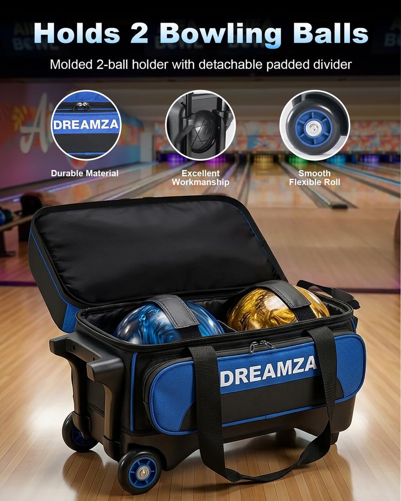 DREAMZA 2 Ball Bowling Bag with Wheels, Double Bowling Ball Bag 2 Ball Roller w/Separate Compartment for Shoes Up to US Mens Size 16, w/Retractable Handle Extends to 40" & Accessories Pocket - Image 3