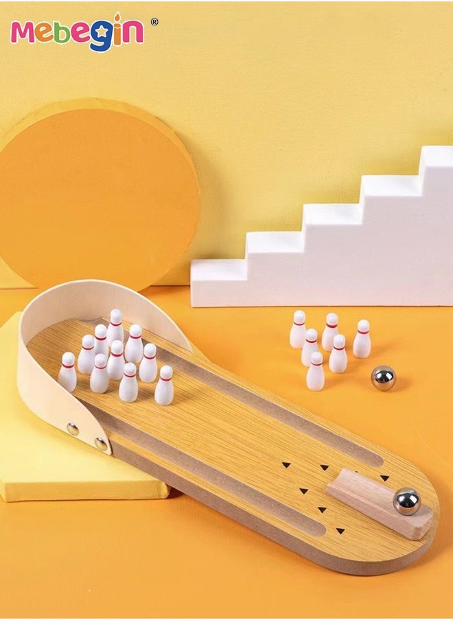 MEBEGIN Desktop Mini Bowling Game Set with 10 Pins, 1 Wooden Lane and 1 Ball, Funny Bowling Alley Set, Wooden Party Games, Kids Indoor Activity, Strategy Game for Family and Children, Quick to Set Up, Easy to Put Away, Compact for Travel  - Image 1