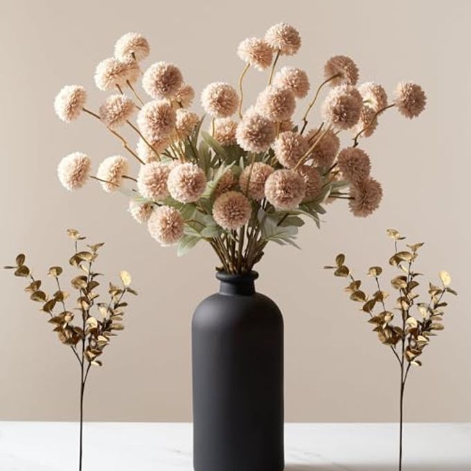 ARTIFICIAL SILK FLOWERS BEIGE 10 STEMS EUCALYPTUS FAUX FLOWERS FOR VASE FAKE MUMS LONG STEM TAN NUDE CREAM NEUTRAL FLORAL CHRYSANTHEMUM POM POM FLORAL ARRANGEMENTS MINI FAUX MUMS FLOWER BULK