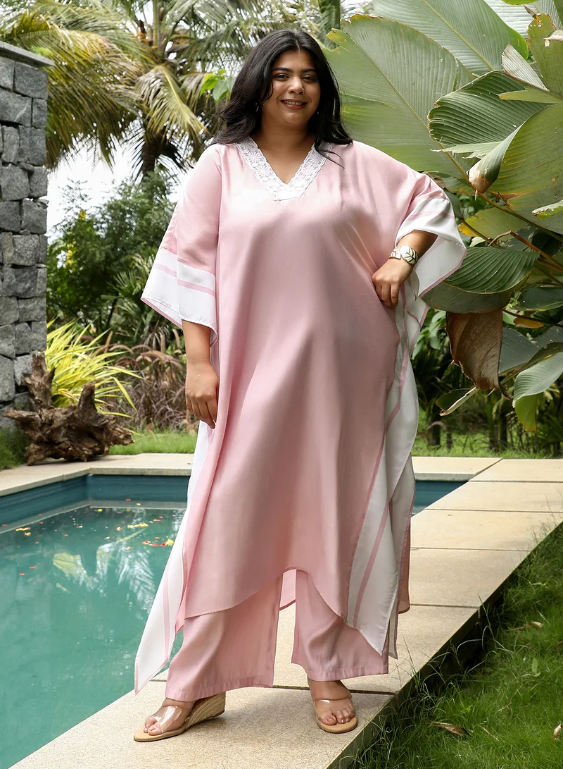 Instafab Plus Instafab Plus Women's Blush Pink Panel-Striped Kaftan Kurta Set For Ethnic Wear | V-Neck, Quarter Kimono Sleeves | Stripes Plain Fabric | 2 Piece Kurta Set For Casual & Evening Wear