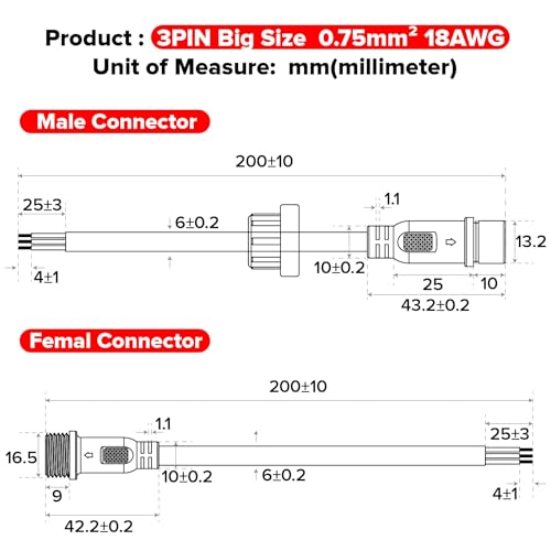 BTF-LIGHTING 3 Pin Electrical Connector 18AWG IP65 Male Female Connector 7.87in/20cm Extension Cable for Car,Truck,Boat,Indoor/Outdoor LED Strip Lights/String 22mm Nut Big Size 5 Pairs - Image 5