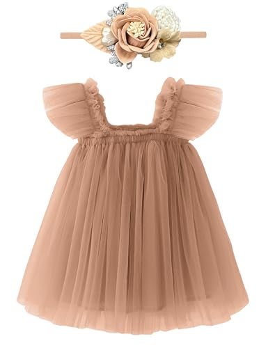 ANHDM Baby Girl First Birthday Outfit Cake Smash Short Sleeve Tulle Dresses with Flower Headband Brown 18 MonthsTag 100 - Image 1