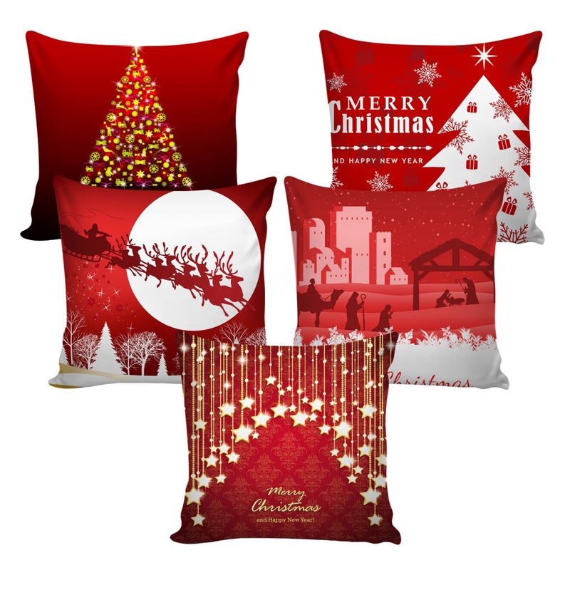 AEROHAVEN Merry Christmas Decorative Polyester Throw Pillow/Cushion Covers - CC163 - (16 x 16 inch, Red, Set of 5) - Image 2