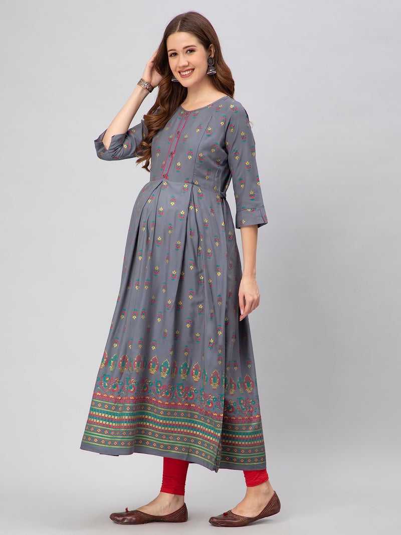 CEE 18 Cotton Rayon A-Line Flaired Maternity Feeding Kurti for Women with Zippers | Maternity Dress in Breathable Fabric for Pre and Post Pregnancy & Nursing for Mom (2XL, Grey) - Image 2
