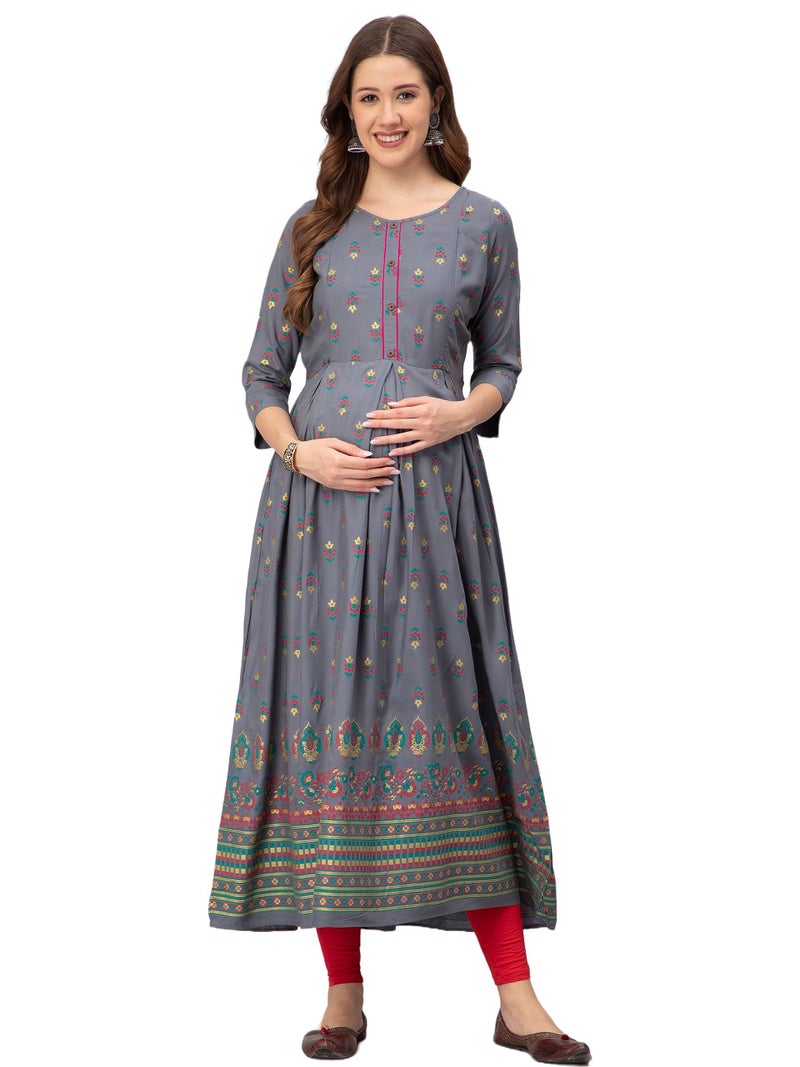 CEE 18 Cotton Rayon A-Line Flaired Maternity Feeding Kurti for Women with Zippers | Maternity Dress in Breathable Fabric for Pre and Post Pregnancy & Nursing for Mom (2XL, Grey) - Image 1
