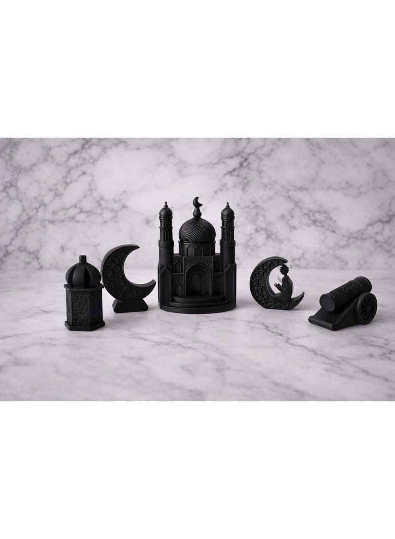 طقم تحف ديكورية إسلامية من الريزن – 5 قطع – ديكور منزلي وديكور رمضان – جامع، هلالين، مدفع رمضاني وقبة