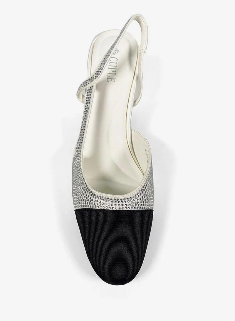 Cuple Black/White Sling back Embellished block Heeled Sandals for Women | Best Price UAE