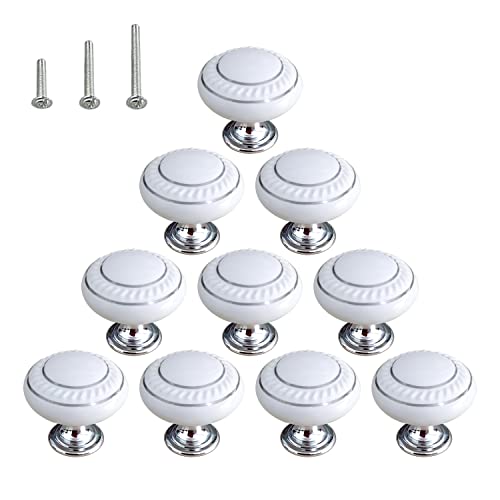 HUAMULAN 10 Pack Ceramic Knob White Silver Dresser Kitchen Round Cabinet PullsZinc Alloy Base Cupboard Wardrobe Drawer Door Handles3 Size Screws - Image 1