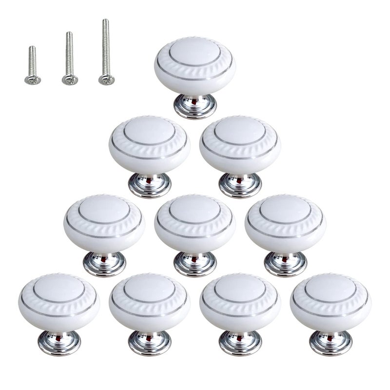HUAMULAN 10 Pack Ceramic Knob White Silver Dresser Kitchen Round Cabinet PullsZinc Alloy Base Cupboard Wardrobe Drawer Door Handles3 Size Screws - Image 2