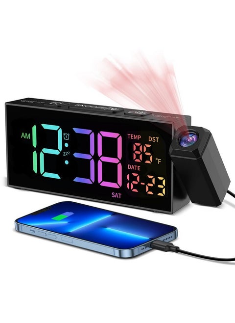 Netzu Projection Clock for Bedroom Ceiling, Alarm Clocks with 350° Rotatable Projector, Date Temperature and Weekday, Manual DST, 5 Brightness, 10 Ringtones, 4 Volumes and Snooze (RGB)