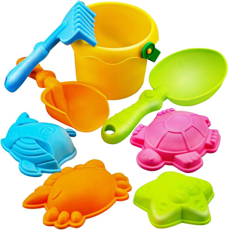 Delfino Kid's Beach Sand Castle Bucket Spade Shovel Rake Play Set Soft Material Truck Molds - Image 1