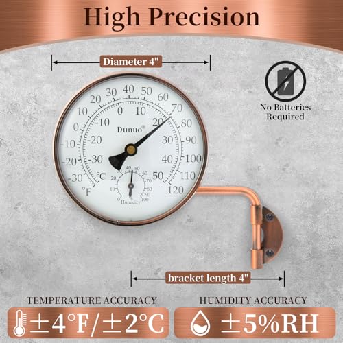 Dunuo 4" Brass Outdoor Thermometer with Humidity, Analog Wall Mount Temperature Gauge, Decorative for Patio, Garage, House, Greenhouse, Window, Antique Bronze, No Battery - Image 2
