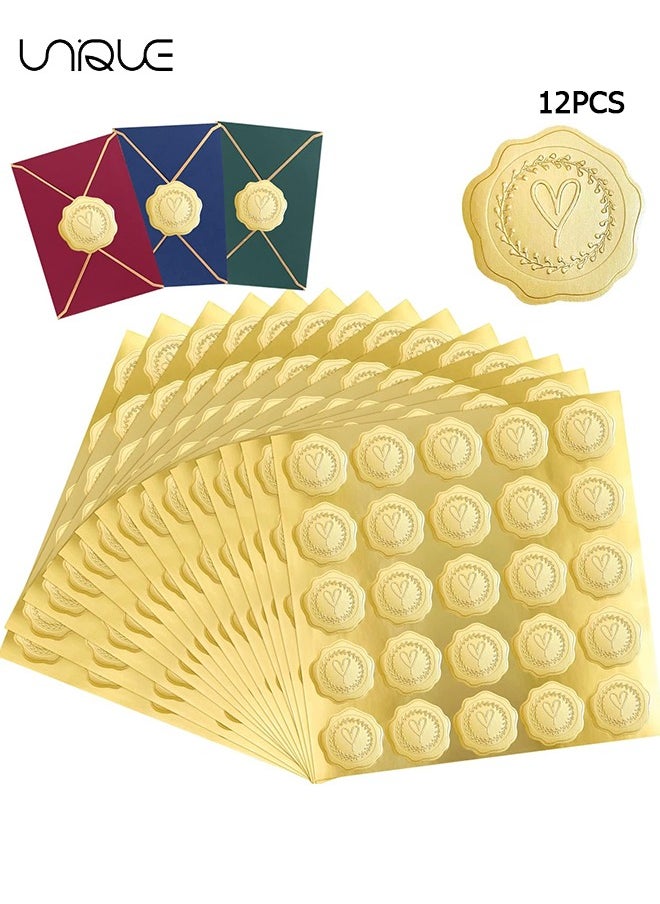 Unique 300 Pcs Gold Embossed Heart Envelope Seal Stickers, Wax Looking Wedding Envelope Sticker Seals Labels, Self-Adhesive Heart Stickers for Envelopes Sealing Party Invitations (12, Gold)  - Image 1