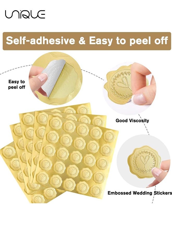 Unique 300 Pcs Gold Embossed Heart Envelope Seal Stickers, Wax Looking Wedding Envelope Sticker Seals Labels, Self-Adhesive Heart Stickers for Envelopes Sealing Party Invitations (12, Gold)  - Image 3
