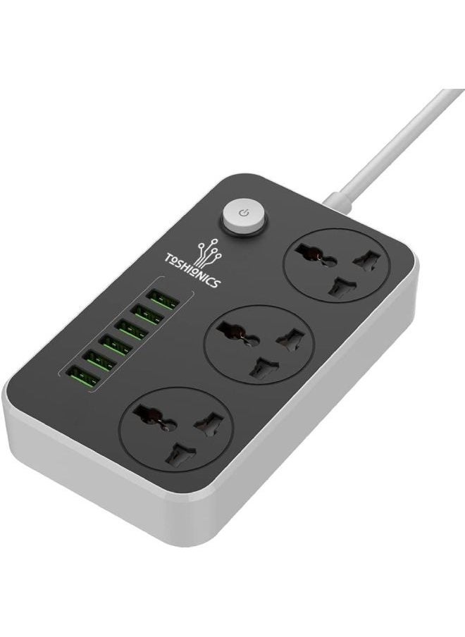 Generic 3 Way Power Strips Extension Cords | Adapter Extension 6 USB Charging Ports | 3 Universal Plugs Power Strip With 2 Metres Surge Protection Cable Extension Black/Grey 150x97x30mm  - Image 1