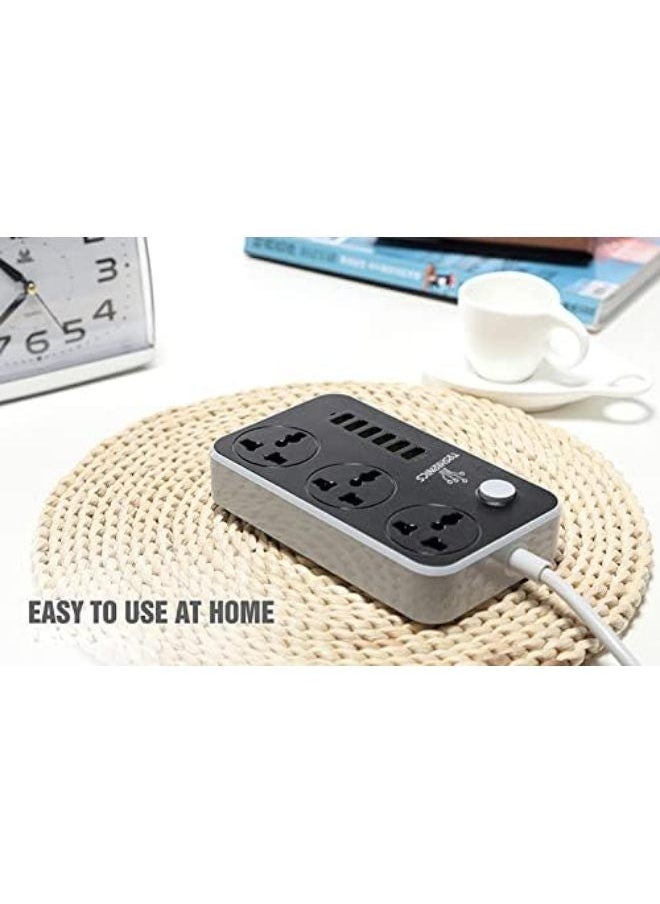 Generic 3 Way Power Strips Extension Cords | Adapter Extension 6 USB Charging Ports | 3 Universal Plugs Power Strip With 2 Metres Surge Protection Cable Extension Black/Grey 150x97x30mm  - Image 5
