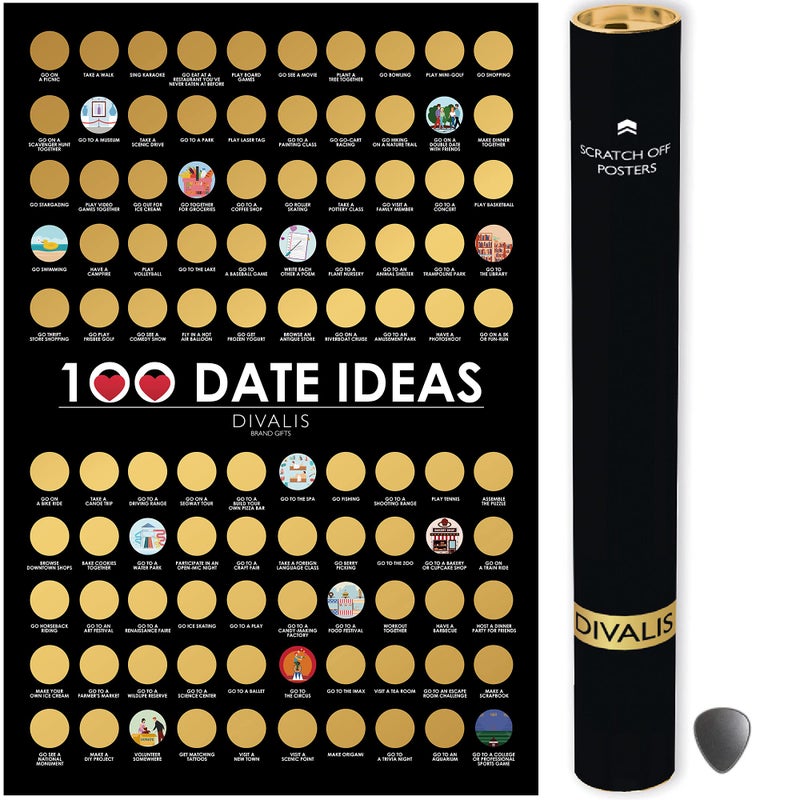Divalis 100 Dates Scratch off Bucket List  Scratching Adventure Couple Things to Do Poster Scratchable Motivational Archievements Checklist Black and Gold L - Image 1