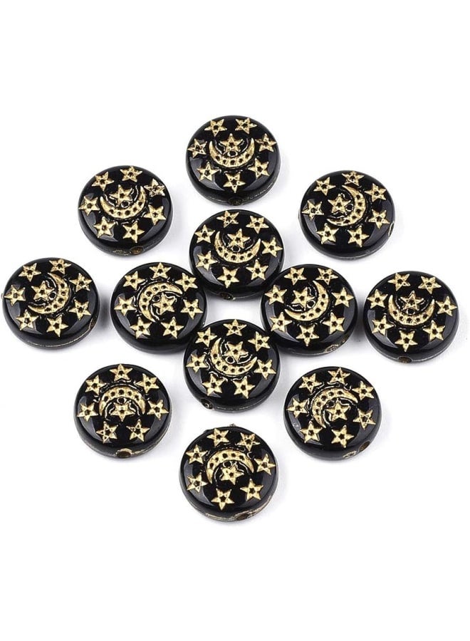 100Pcs Black Acrylic Flat Round Spacer Beads with Star Moon Pattern Opaque Metal Enlaced Plastic Rondelle Coin Loose Beads for Bracelet Necklace Jewelry Making Hole: 1.5mm - Image 1