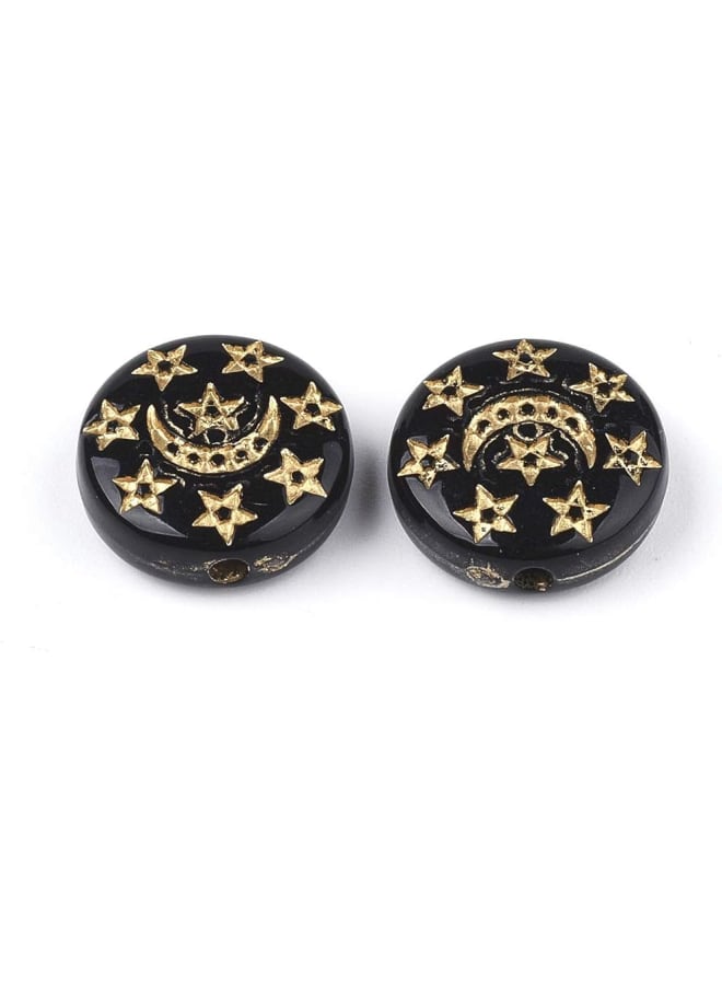 100Pcs Black Acrylic Flat Round Spacer Beads with Star Moon Pattern Opaque Metal Enlaced Plastic Rondelle Coin Loose Beads for Bracelet Necklace Jewelry Making Hole: 1.5mm - Image 2