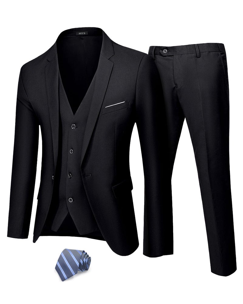 MYS Mens 3 Piece Suit Set with Tie One Button Slim Fit Jacket Vest Pants Party Wedding Prom Blazer Waistcoat Trousers Black XSmall