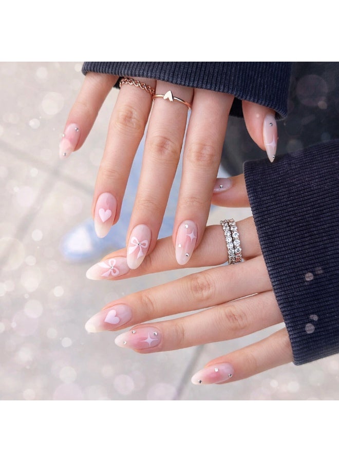JUMEI 24PCS Pink Bow Heart Press On Nails, Medium Almond Fake Nails, Gradient Cute Nail Art with Rhinestone Design, Reusable Glue-on Nail Set - Image 1