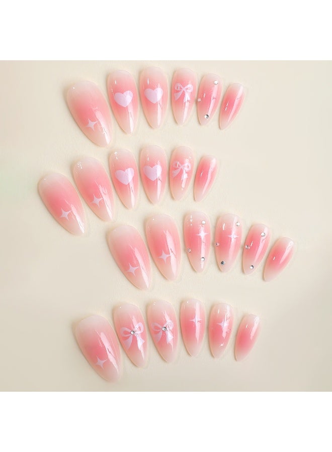 JUMEI 24PCS Pink Bow Heart Press On Nails, Medium Almond Fake Nails, Gradient Cute Nail Art with Rhinestone Design, Reusable Glue-on Nail Set - Image 2
