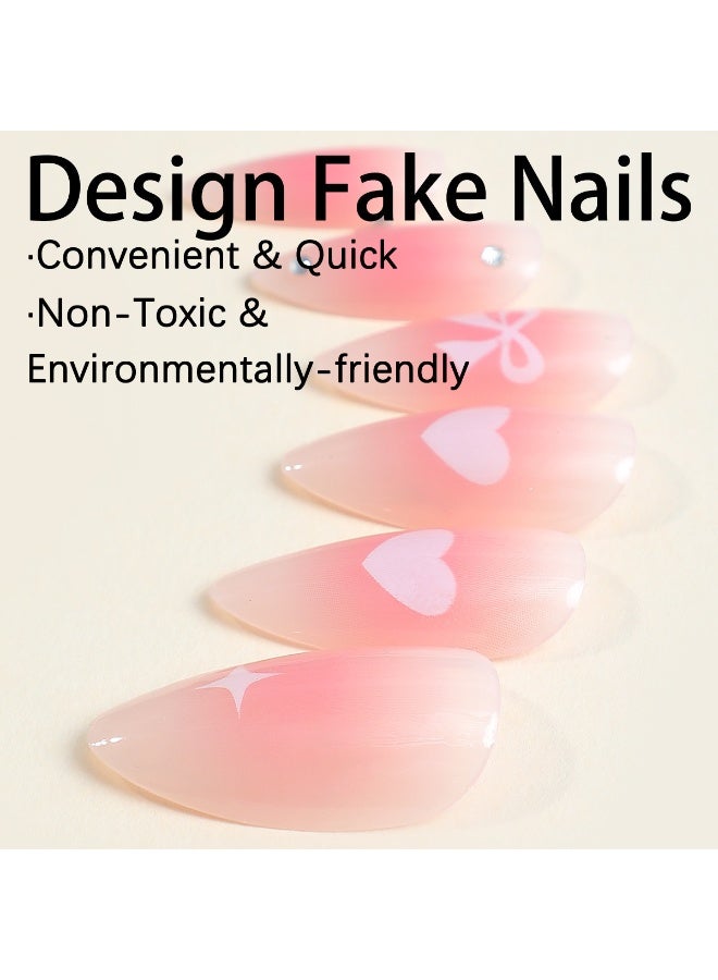 JUMEI 24PCS Pink Bow Heart Press On Nails, Medium Almond Fake Nails, Gradient Cute Nail Art with Rhinestone Design, Reusable Glue-on Nail Set - Image 3