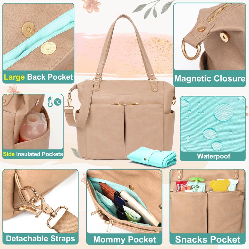 MOMINSIDE حقيبة حفاضات MOMINSIDE، حقيبة ظهر جلدية لحفاضات مع 14 جيب، حقيبة أطفال قابلة للتحويل للأولاد والبنات، سجل هدايا الأطفال، وسادة تغيير، 4 جيوب معزولة كبيرة (جمل)  - Image 4