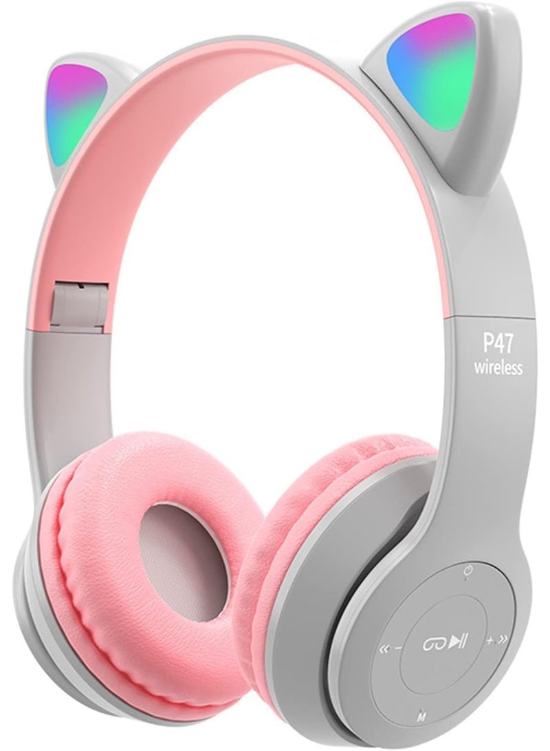 p47m Wireless Bluetooth Headphone Cat RGB LED - Over Ear Stereo Music Headset with Memory Card Support, Gaming Headphones with Built-in Microphone for Laptop, Mobile Phone, Kids,Girls,PC (Gray) - Image 1