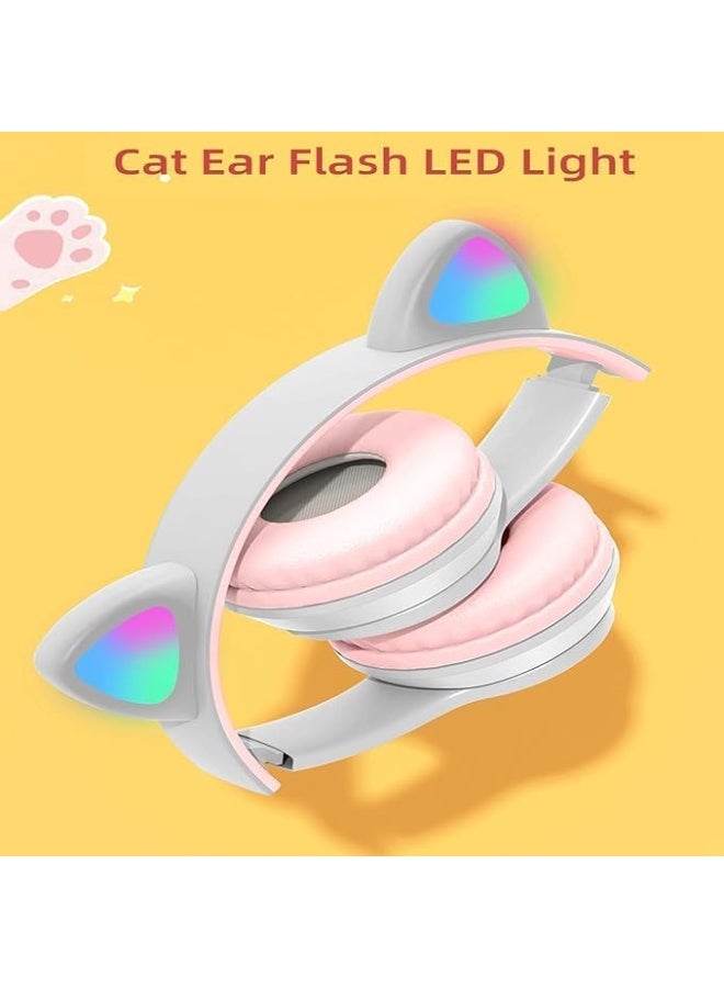 p47m Wireless Bluetooth Headphone Cat RGB LED - Over Ear Stereo Music Headset with Memory Card Support, Gaming Headphones with Built-in Microphone for Laptop, Mobile Phone, Kids,Girls,PC (Gray) - Image 2