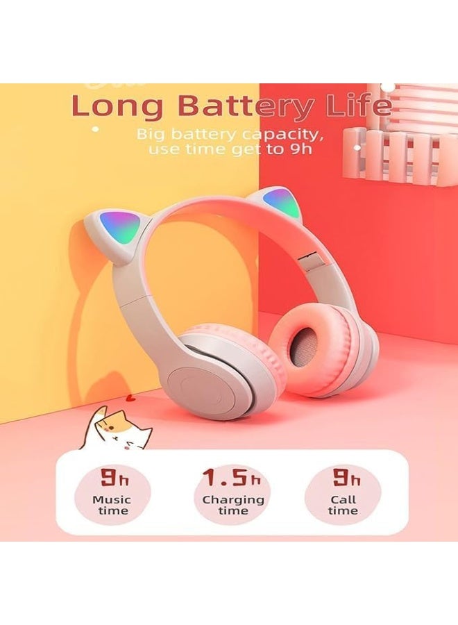 p47m Wireless Bluetooth Headphone Cat RGB LED - Over Ear Stereo Music Headset with Memory Card Support, Gaming Headphones with Built-in Microphone for Laptop, Mobile Phone, Kids,Girls,PC (Gray) - Image 3