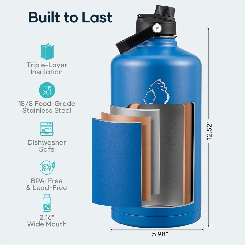 BUZIO 1 Gallon Water Bottle Insulated, 128 oz Large Water Jug Vacuum Stainless Steel Big Metal Flask (Cold for 48 Hrs), Leak Proof & BPA-Free, with Straw and Spout Lids, Blue - Image 4